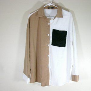 Shein Long Sleeve V Neck Collar Oversized Boyfriend Blouse - Size Large